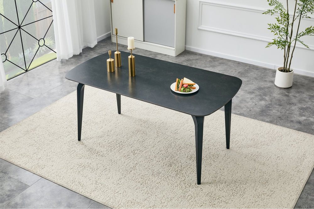 English Elm Modern Sintered Stone Rectangular Dining Table with Gold Accent Metal Base W3493S00015