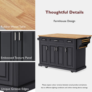 English Elm K&K 54" Farmhouse Kitchen Island with Embossed Texture, Drop Leaf, Soft-Close Drawers & Wheels Black N707P195395B