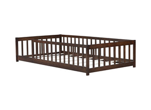 English Elm Twin Solid Rubberwood Floor Bed with Full Perimeter Safety Rails for Toddler Rooms Espresso W504P296797