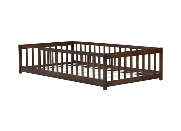 English Elm Twin Solid Rubberwood Floor Bed with Full Perimeter Safety Rails for Toddler Rooms Espresso W504P296797
