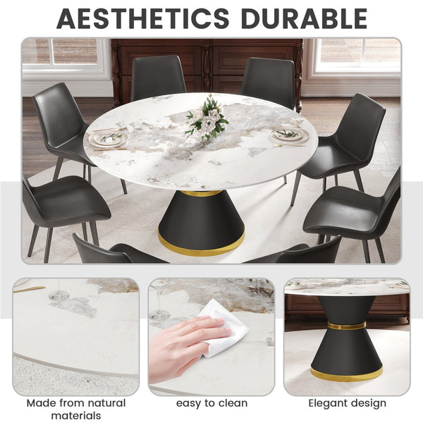 English Elm 59.05"Modern 59.05" Modern Round Dining Table With Black Carbon Steel Base - Seats 6-8, Durable Sintered Stone Top W1535S00438