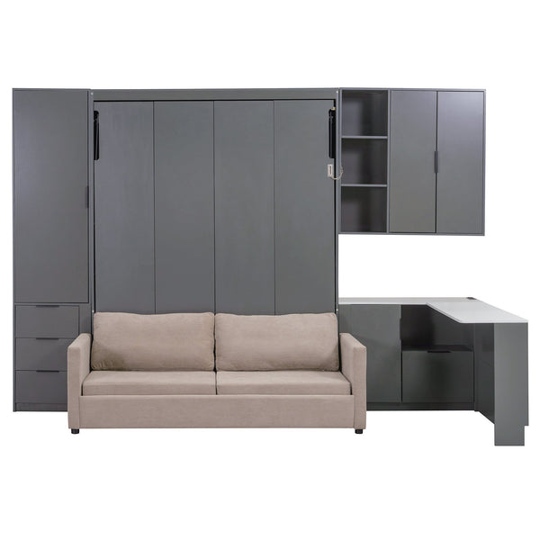 English Elm Queen Murphy Wall Bed Hydraulic Lift Velvet Sofa Built-in Shelves Led Studio Unit Dark Gray LP000392AAE