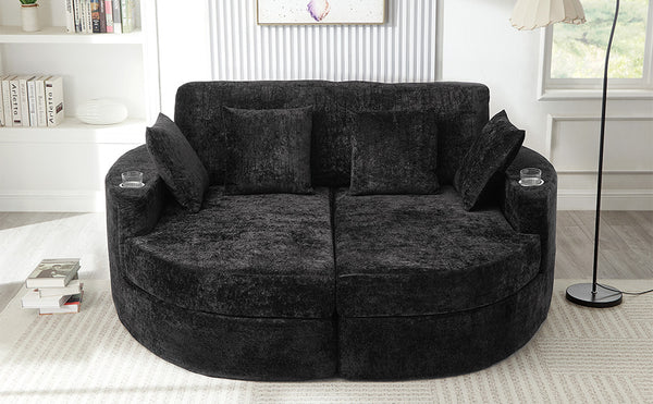 English Elm Swivel Barrel Accent Chair Chenille Tufted Round Club Seat for Living Room Lounge Black N719S002240B