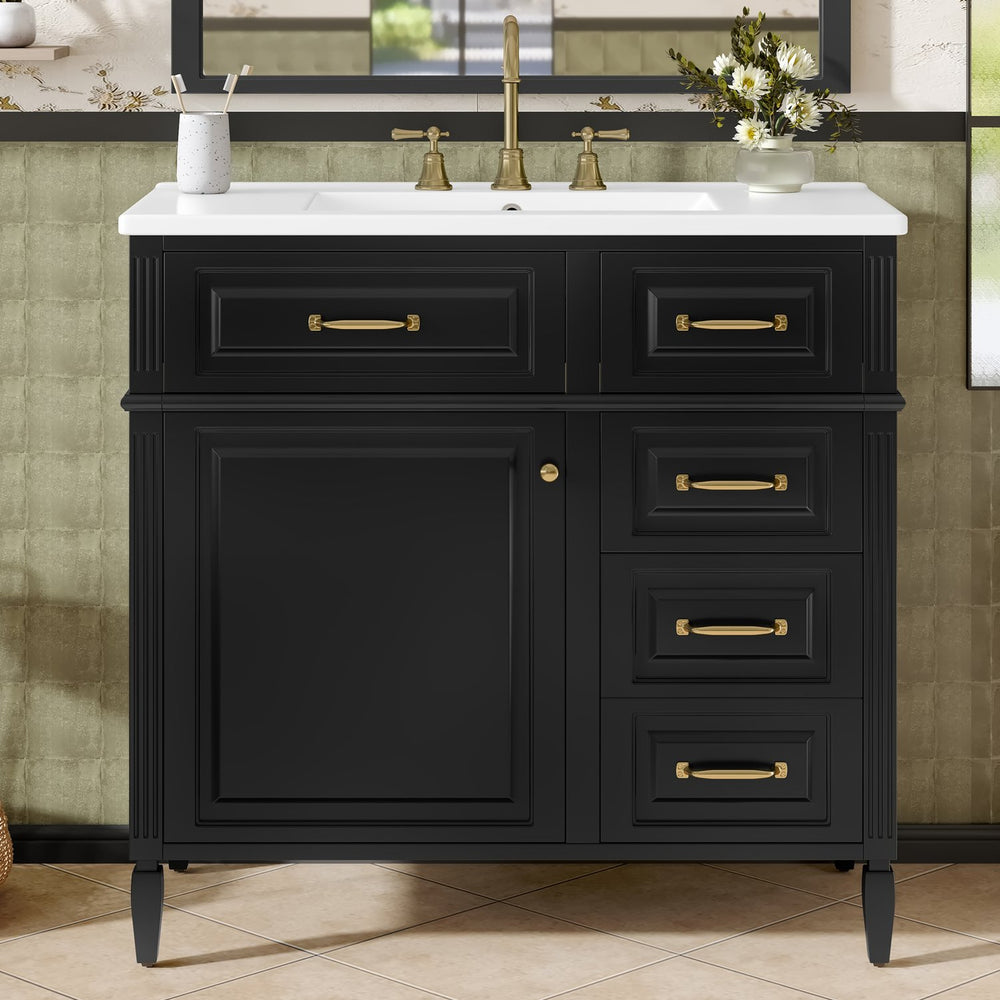 English Elm 36-Inch Bathroom Vanity With Ceramic Sink Top, Adjustable Shelf, And Modern Flip Drawer Design For Storage N725P350849B