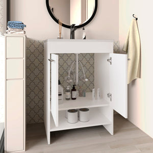 English Elm Lorenzo 60 cm White Floor Vanity with 4 Drawers & 2 Open Shelves — Compact Kronos Finish, Freestanding Storage B200P362050
