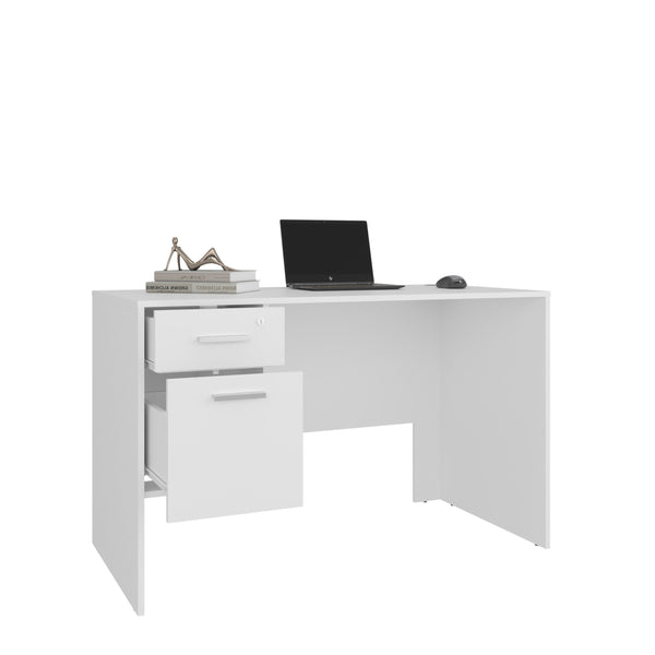 English Elm Mellier Modern White Office Desk with Two Drawers & Side Shelves — Compact, Stable Workstation B070P368063