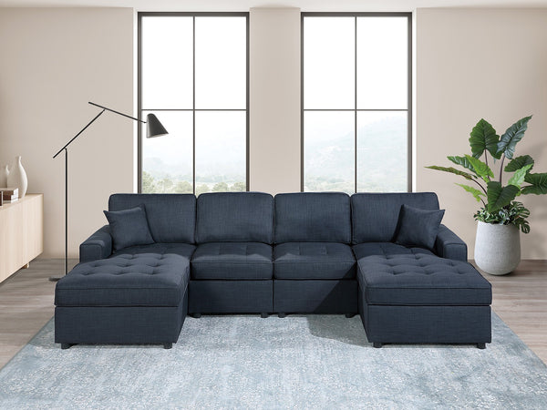 English Elm Contemporary 3-Piece Sectional Sofa Set in Ash Black Corduroy with RAF/LAF Chaise, Tufted Seats, Pillows - Stylish Low-Profile Design Dark Blue 34 L x 18 W x 68 H B011S01766