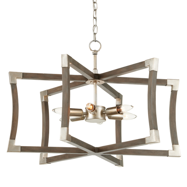 Bastian Gray Lantern Chandelier - Elegant Wrought Iron & Wood Design with Contemporary Silver Finish