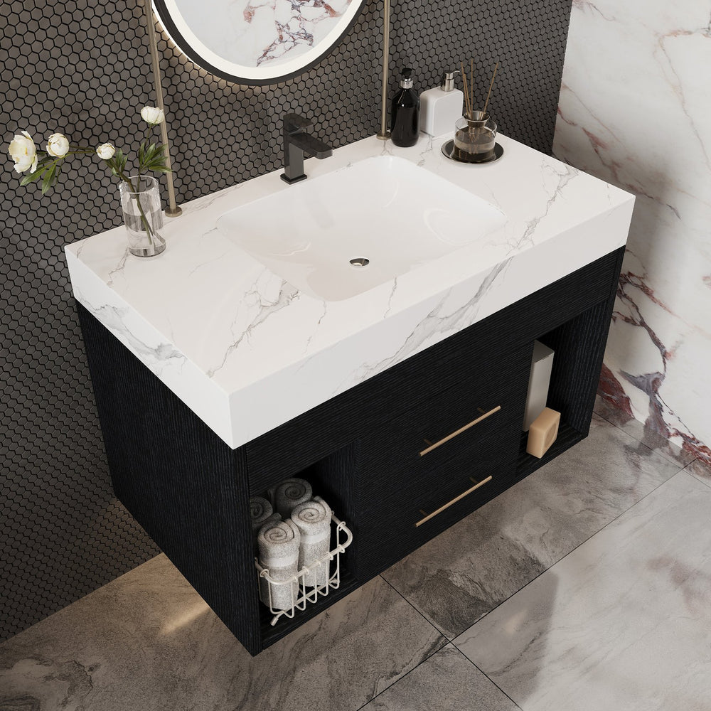 English Elm 29.9" Floating Bathroom Vanity Sintered Stone Top Soft Close Drawers Bronze Gold Hardware W3136S00038