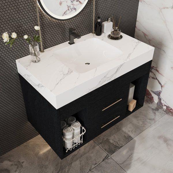 English Elm 29.9" Floating Bathroom Vanity Sintered Stone Top Soft Close Drawers Bronze Gold Hardware W3136S00038