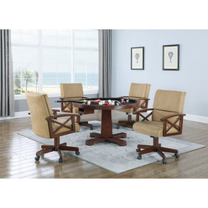 English Elm Calloway Tobacco 5-Piece Game Set with Upholstered Tan Casters, Rich Wood Grain Table for Entertaining B062S00897