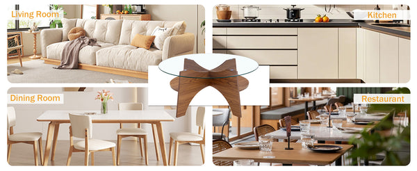 English Elm Round Tempered Glass Coffee Table with Fan Pedestal Base for Modern Living Rooms Transparent,Walnut W1151P256004