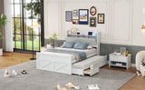 English Elm Full Size Wooden Bed With Storage Headboard With Outlets, Extendable Bed With Twin Size Trundle With Three Storage Drawers,White