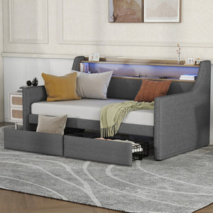 English Elm Twin Size Daybed With Built-In Storage, Charging Station & Led Lights - Stylish Gray Upholstered Design W1580S00060-GIGA