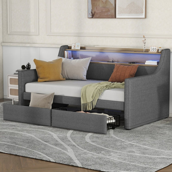 English Elm Twin Size Daybed With Built-In Storage, Charging Station & Led Lights - Stylish Gray Upholstered Design W1580S00060-GIGA
