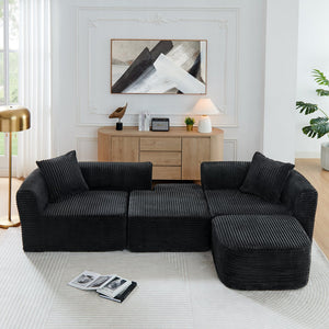 English Elm 114" Cloud Sectional Couch with L-Shape Chaise Modular Corduroy Sofa with Movable Ottoman, No Assembly Required, Plush Comfort for Living Spaces Black W1117P371650