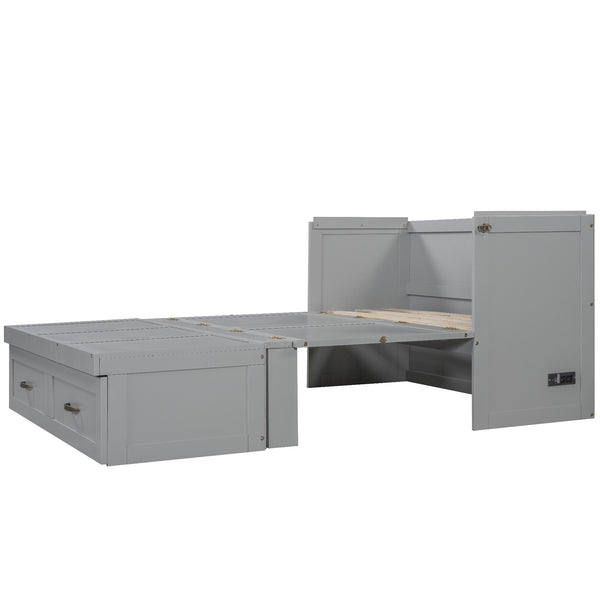 English Elm Full Size Murphy Wall Bed with Storage Drawer Usb Ports and Metal Handles for Small Spaces LP000669AAE