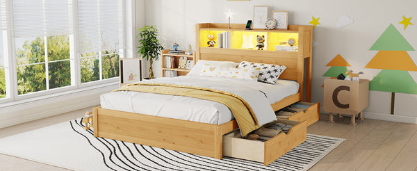 English Elm Twin Wood Storage Bed with Led Headboard Drawers and Pull Out Cabinet for Kids Natural W2593S00051
