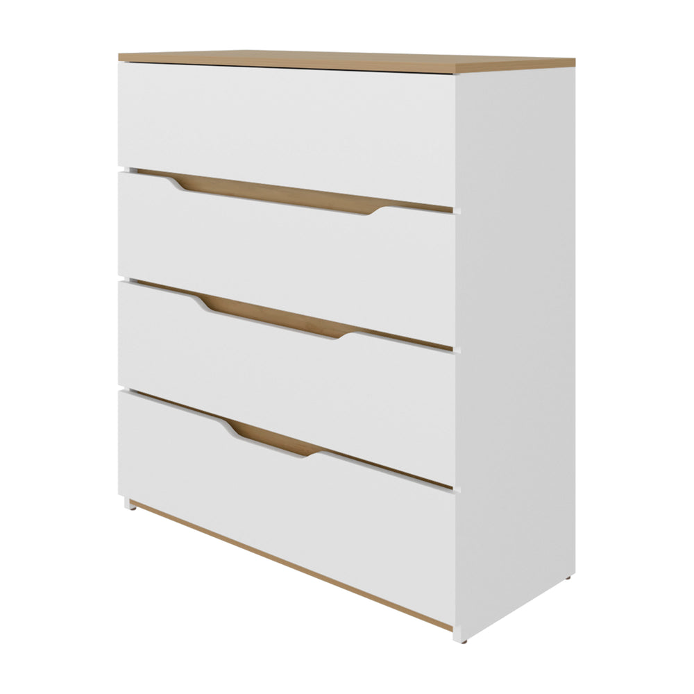English Elm Drawer Four-Drawer Dresser 35"H in White & Light Oak — Compact, Stylish Storage with Superior Top Finish B097132891