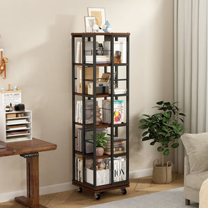English Elm 5 Tier Rotating Corner Bookcase Rustic Brown Steel Wood Spinning Floor Shelf W2641P399191