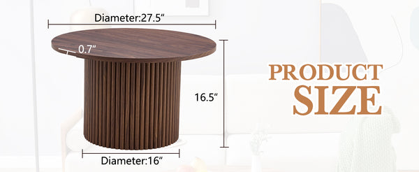English Elm A modern circular coffee table Walnut 27.5" MDF top with cylindrical Roman legs, hidden storage, vintage flair W1151P270614