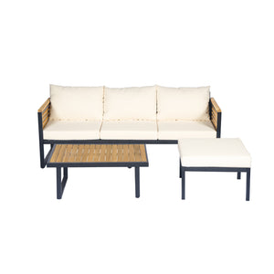 English Elm Outdoor Acacia Wood Iron Pipe 3 Piece Patio Sofa Set with Ottoman Table N757S354898B
