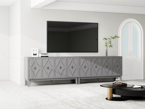 English Elm 4 Door Sideboard Buffet with Hand Carved Geometric Panels Black Oak Finish Raised Legs W688P359831