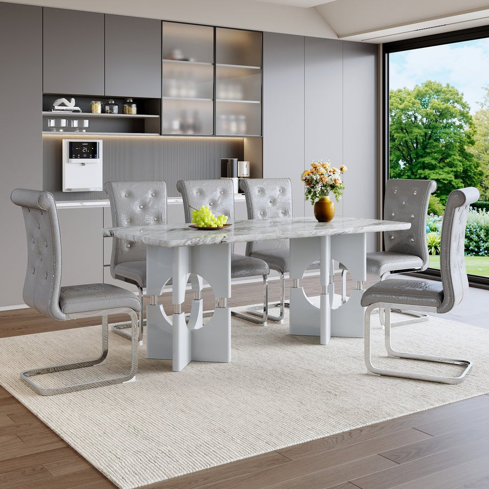English Elm Modern White Faux Marble 7 Piece Dining Set Tufted Pvc Chairs for Kitchen W3875S00062