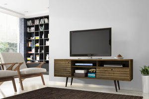 English Elm Liberty 71" TV Stand with Mid-Century Splayed Legs, Wire Management, Drawer & Cubby Storage Rustic Brown B365P398373