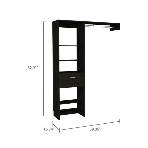 English Elm Hybrid Closet System with Five Open Shelves, Spacious Drawer & Metal Rod for Smart Vertical Storage Black 83 L x 20 W x 4 H B128S00093