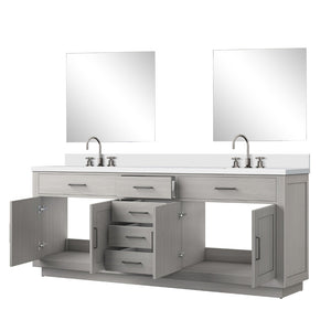 English Elm White Oak Double Bath Vanity Set With White Quartz Top, Mirrors & Chrome Faucets - Ready To Install! B2731S01818-GIGA