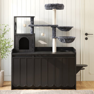 English Elm 50.6" Modern Cat Tower with Hidden Litter Enclosure Sisal Posts and Dual Hammocks N704P443505B