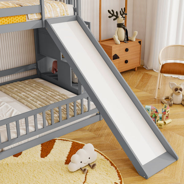 English Elm Twin Over Full Bunk Bed Solid Pine Frame with Built-in Slide and Storage Staircase Grey W504S00289