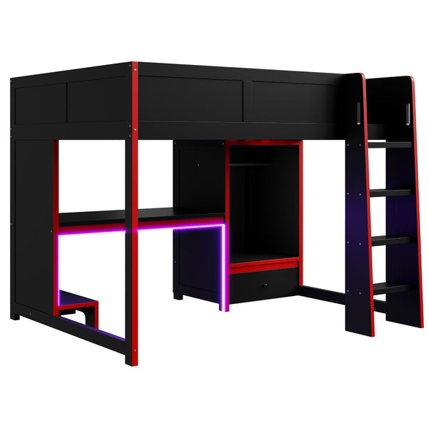 English Elm Wood Full Size Gaming Loft Bed With Desk, Wardrobe, Led Lighting, And Storage Drawer, Black Finish N7090004011B-GIGA