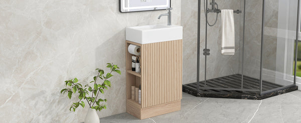 English Elm 18.6" Bathroom Vanity with Sink and Ceramic Top, MDF Cabinet with Door, TP Holder & Shelf Natural N725P212181N