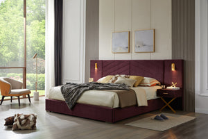 English Elm Queen Modern Floating Bedside Tables with LED Lights, Crossed Metal Legs, Single Drawer Storage, Durable Construction WINE RED W1793S00014