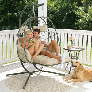 English Elm 2 Person Wicker Hanging Egg Chair with Stand Padded Swing for Patio or Garden T5880P500220