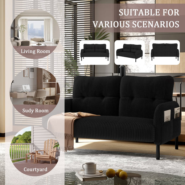 English Elm United We Win Corduroy Two Seat Sofa with Lumbar Support and Built in Storage Pockets Black W1568P386171