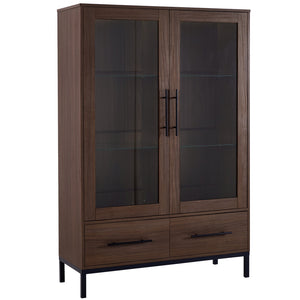 English Elm 60'' Tall Display Cabinet with LED Lighting, Tempered Glass Doors, 4 Adjustable Shelves & Drawers Black + Dark Walnut N845P261801D
