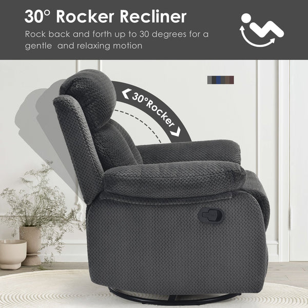 English Elm Small Rocker Swivel Recliner Chair with 360° Swivel, 30° Rocking & Adjustable Recline for Comfort Dark Gray T3623P379695