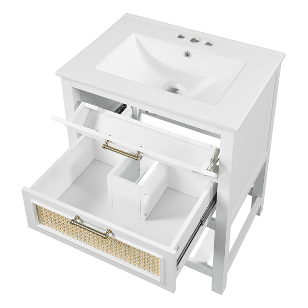 English Elm 24" Rattan Front Bathroom Vanity with Ceramic Sink Deep Drawer Storage Mdf Cabinet White N710P293990K