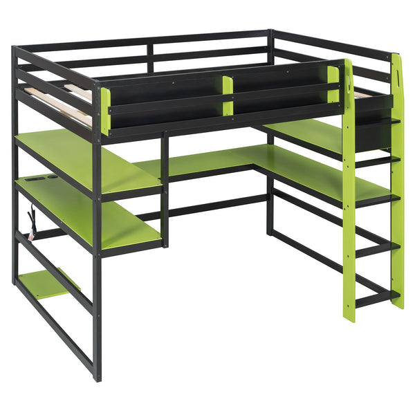 English Elm Full Size Gaming Loft Bed with Rgb Lights Wraparound Shelves and Built-in Usb Ports Green LT000299AAF
