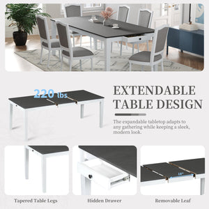 English Elm TOPMAX Rustic 7-Piece Solid Wood Extendable Dining Set with 18" Removable Leaf, 6 Upholstered Chairs, 2 Drawers Dark Gray,White SP000078AAE