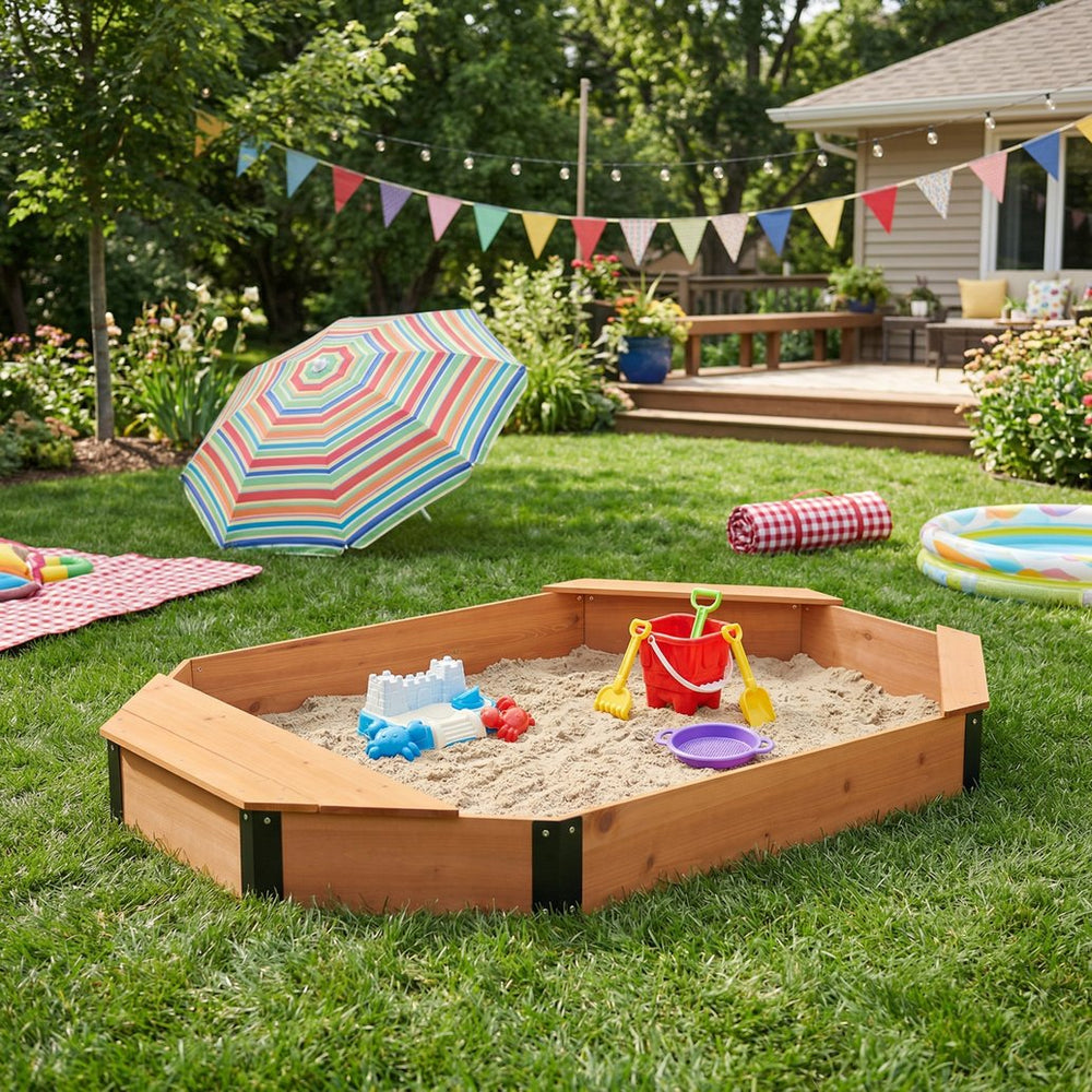 English Elm Octagon Solid Wood Sandbox with Built-in Bench Seating Cover and Liner for Backyard Play Reddish Brown W2640P470151