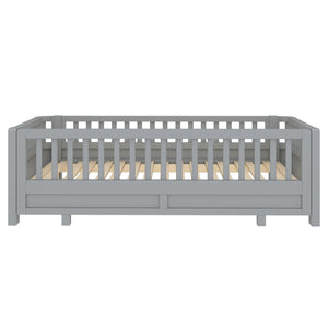 English Elm Twin Size Platform Bed With Guardrails - Stylish, Solid Wood Frame Converts To Double Twin, Grey W1580S00240-GIGA