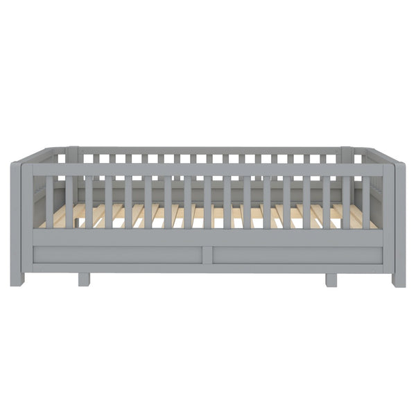 English Elm Twin Size Platform Bed With Guardrails - Stylish, Solid Wood Frame Converts To Double Twin, Grey W1580S00240-GIGA