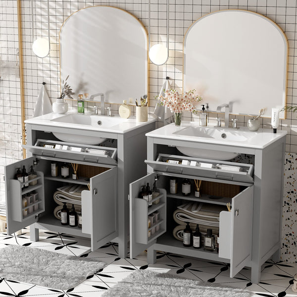 English Elm 60" Modern Bathroom Vanity Set with Double Ceramic Sinks, Soft-Close Doors, Flip Drawer & Storage Gray N729P000002E