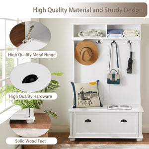 English Elm Modern Classic Hall Tree with Solid Poplar Feet, Double Hooks, Shoe Bench & Antique Hardware Organizer White W2275P210038