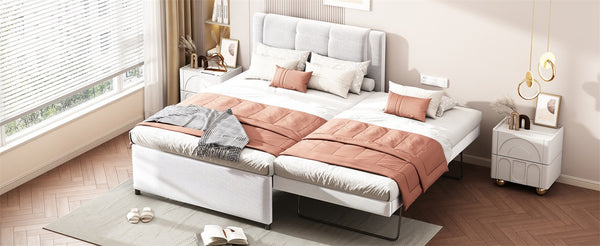 English Elm Full Size Upholstered Platform Bed With Versatile Trundle - Stylish Beige Design For Any Space! DL001678AAA