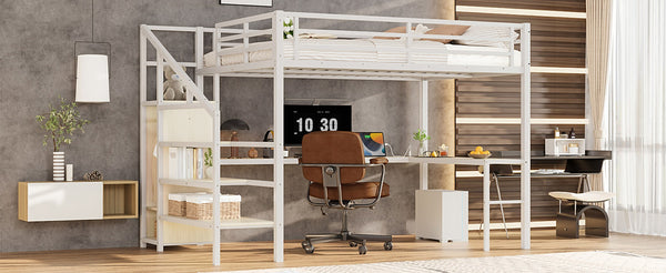 English Elm Queen Size Loft Bed With L-Shaped Desk, Usb Charging & Led Lights - Stylish Storage For All Spaces W1580S00181-GIGA
